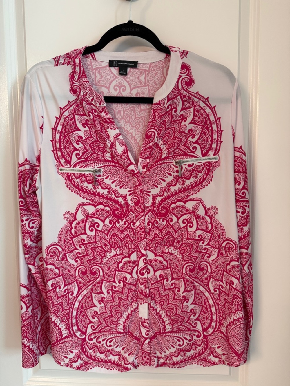 INC International Concepts White Blouse with Fuchsia Paisley Print